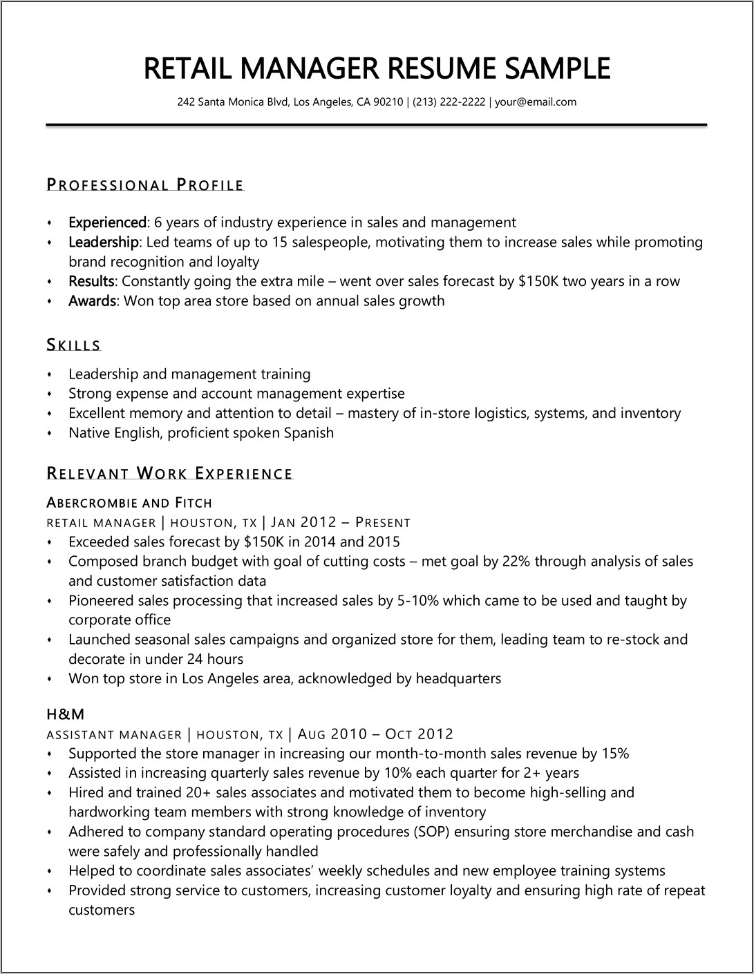 Chain Store Management Resume Examples