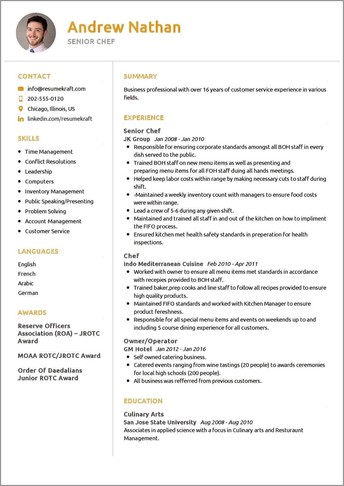 Chef Resume Format Free Download