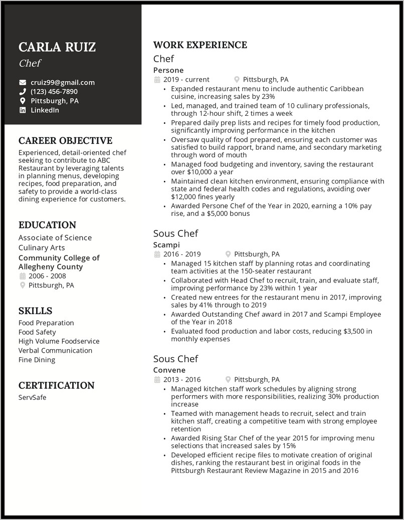 Chef Resume Sample No Experience