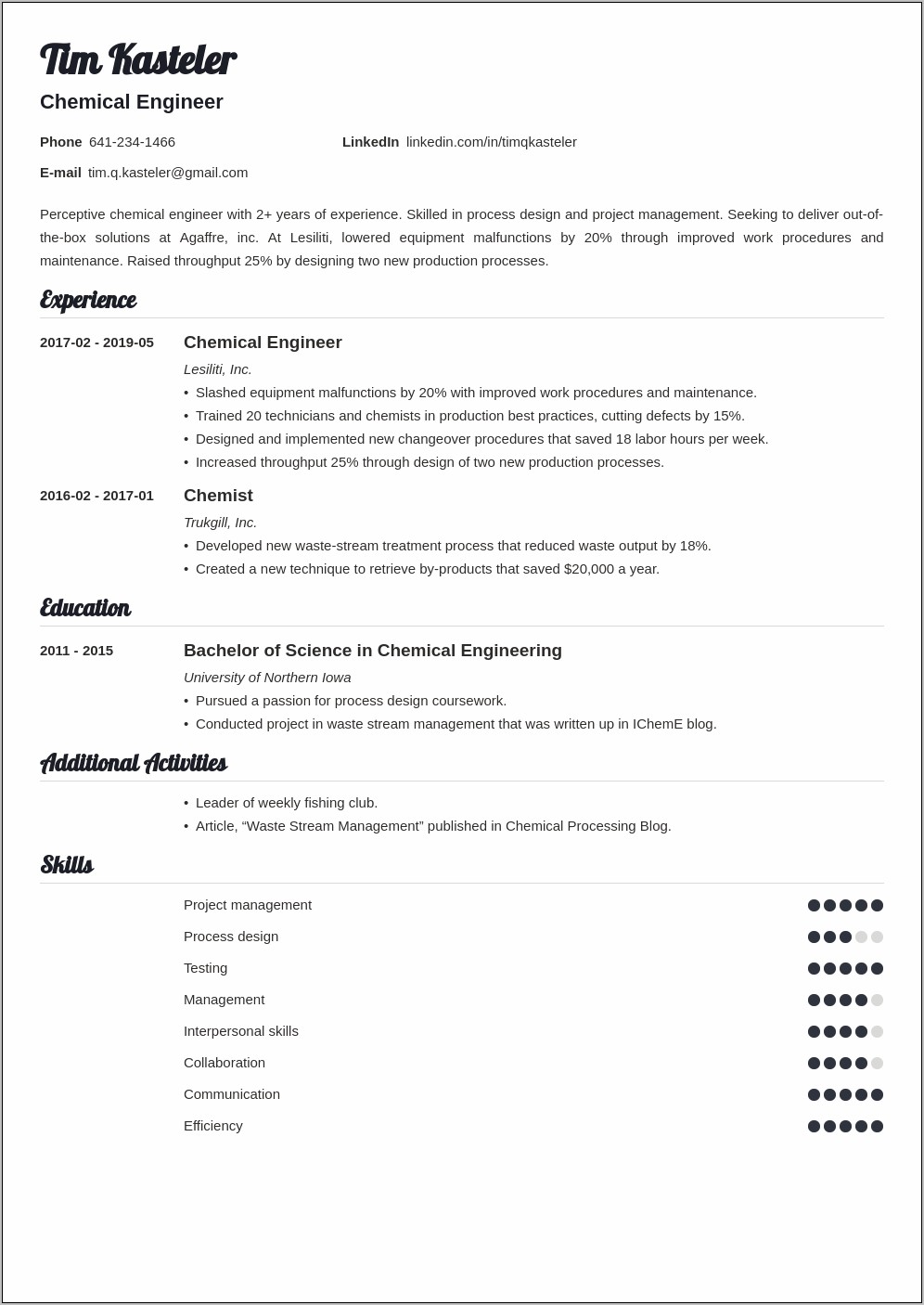Chemical Engineer Job Description Resume