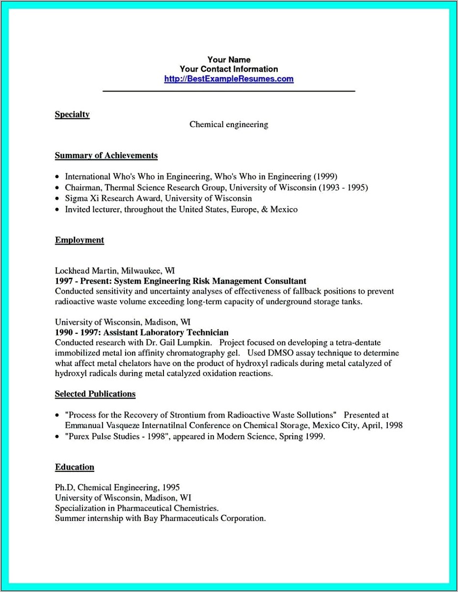 Chemical Engineering Internship Resume Objective