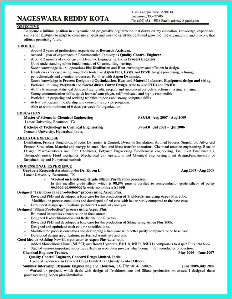 Chemical Engineering Resume Objective Statement
