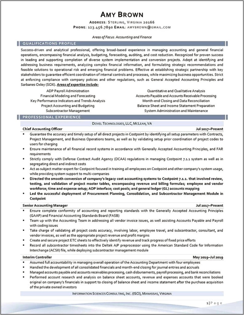 Chief Accounting Officer Sample Resume