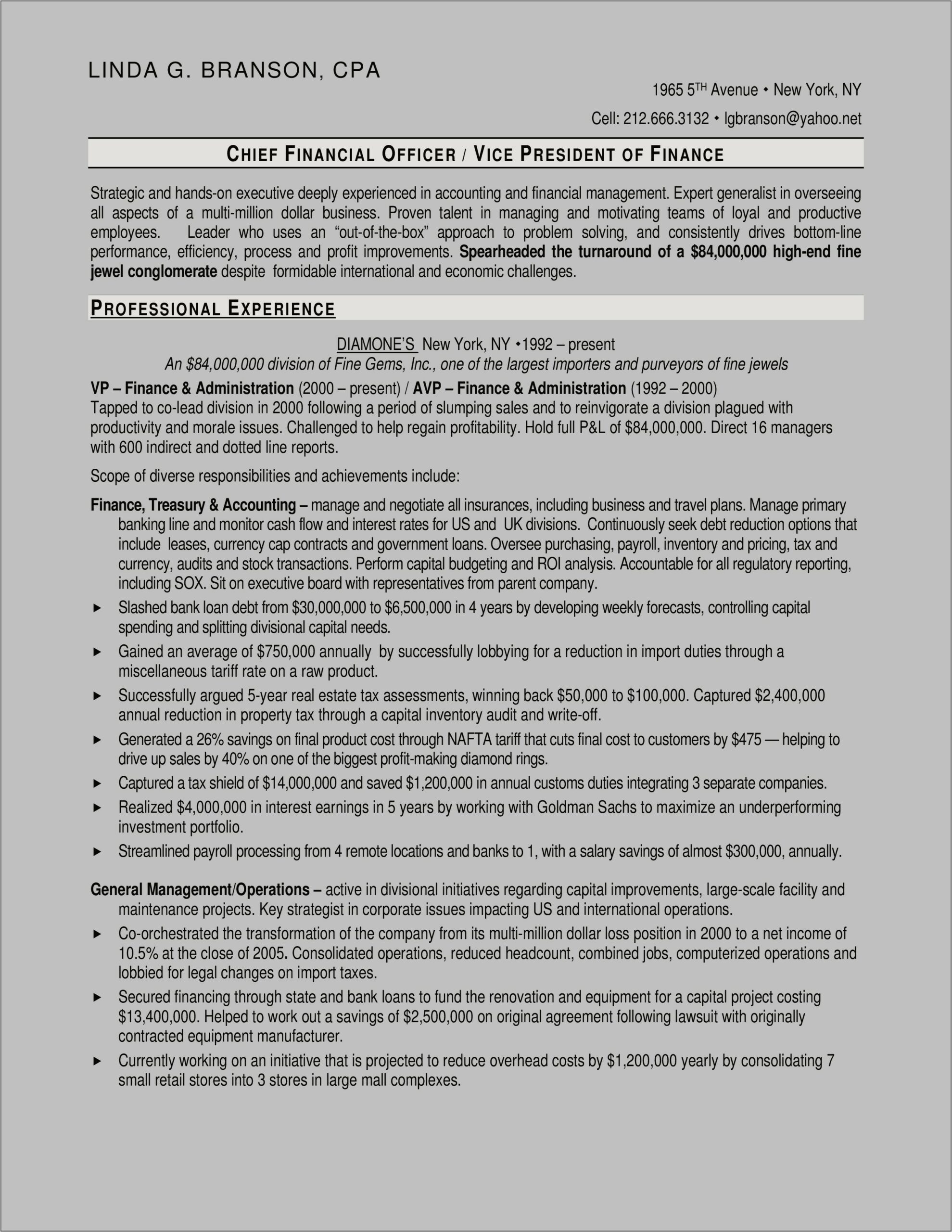 Chief Financial Officer Resume Objective