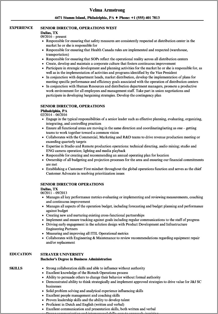 Chief Of Operations Resume Example