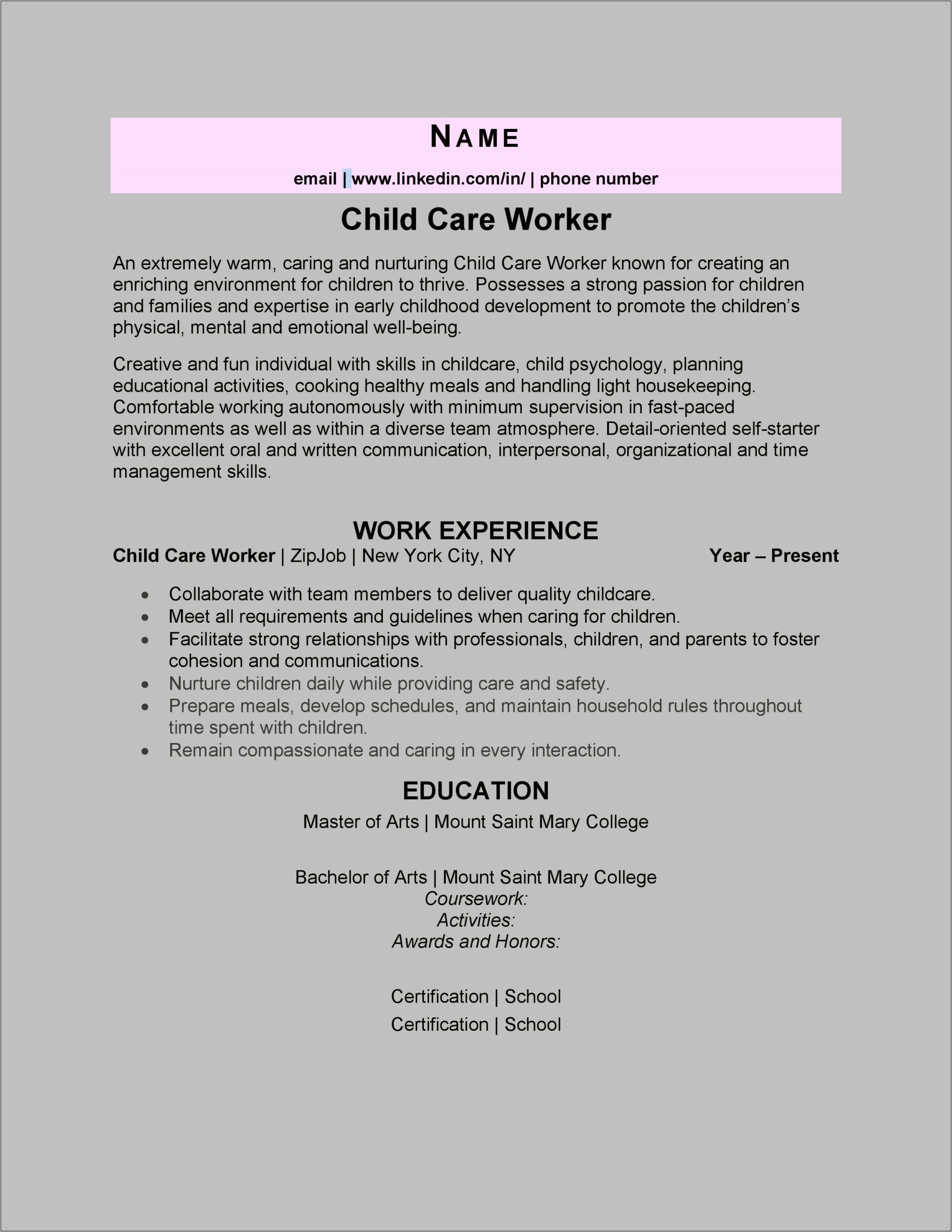 Child Care Provider Resume Objective