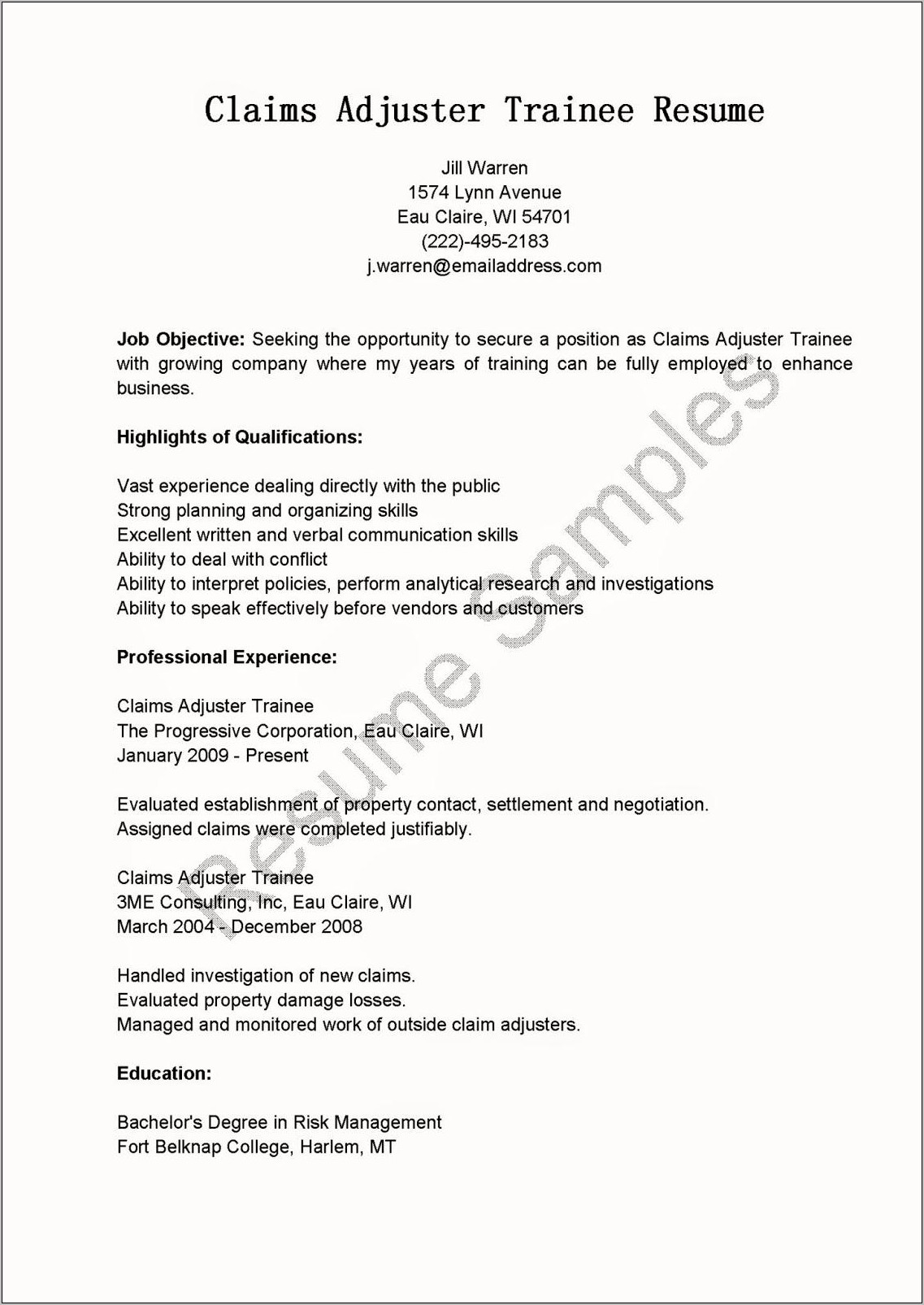 Claims Adjuster Trainee Resume Objective