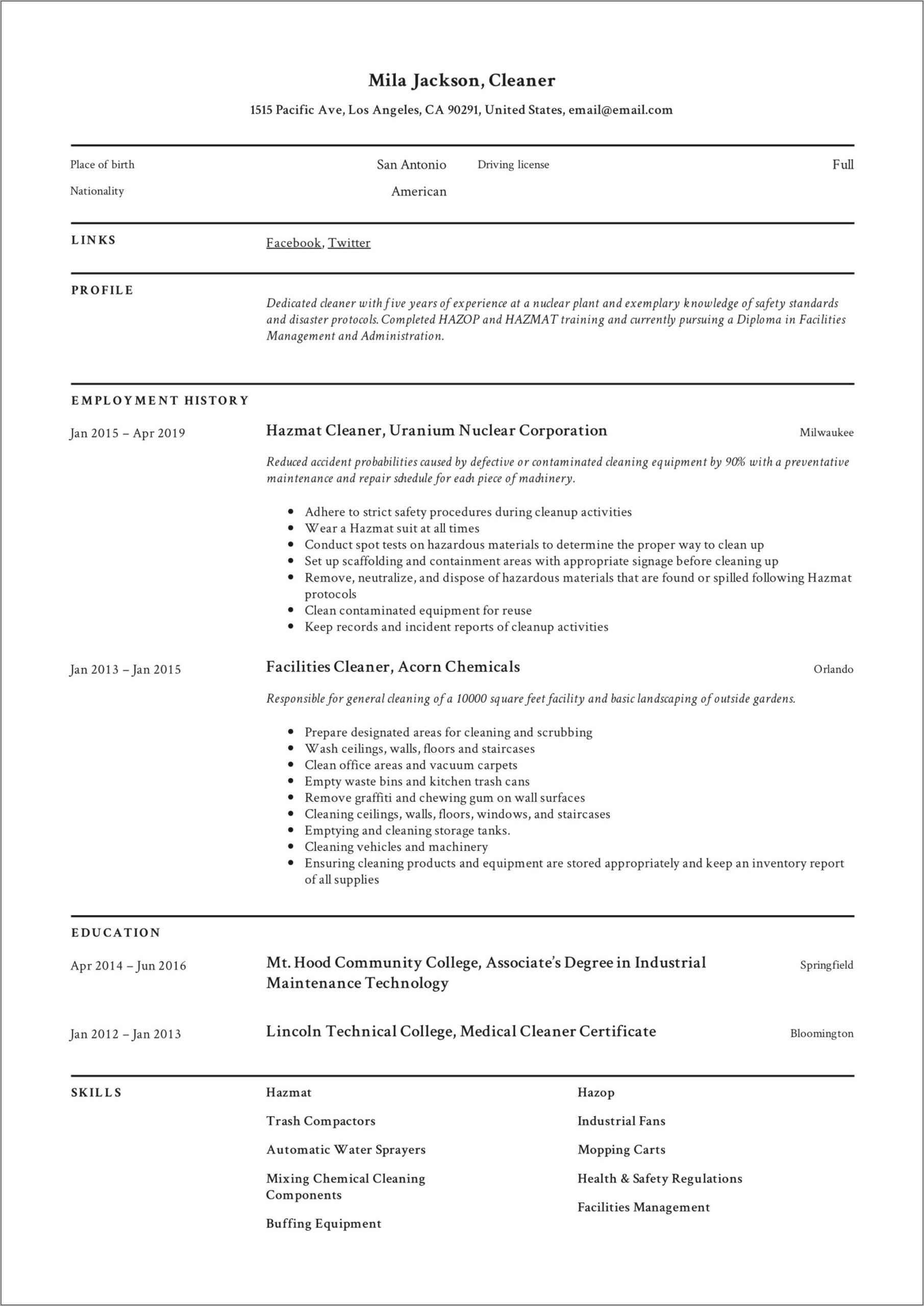 Cleaning Job Skills For Resume