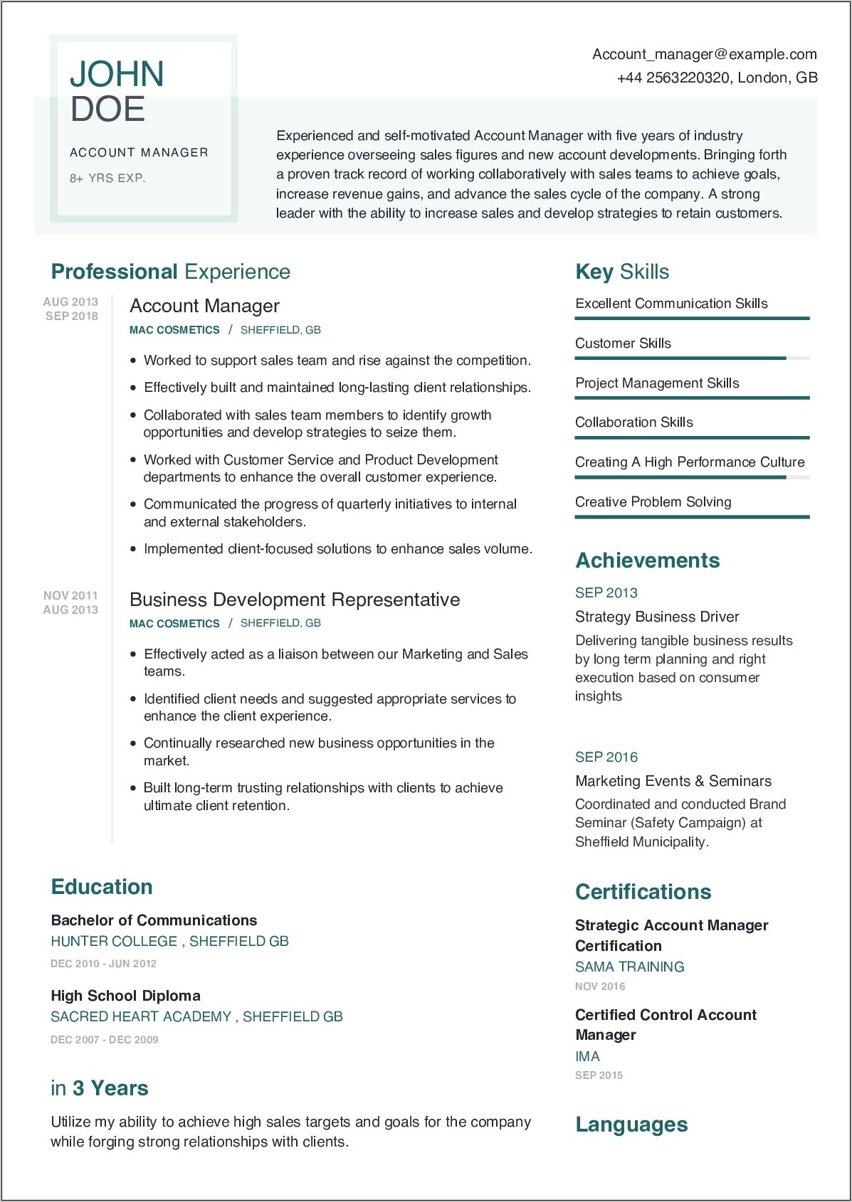 Client Account Manager Resume Sample