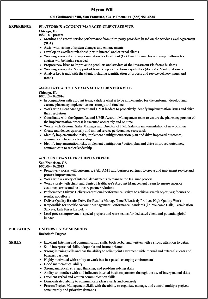 Client Service Manager Resume Sample