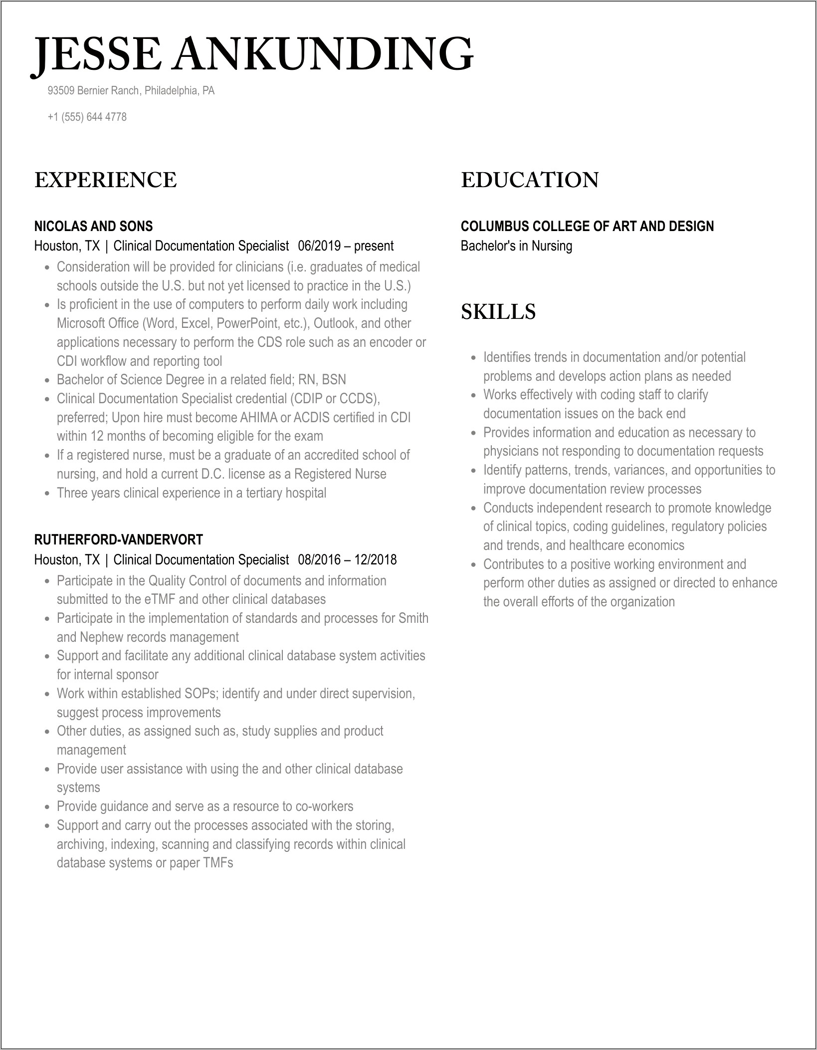 Clinical Documentation Specialist Resume Samples