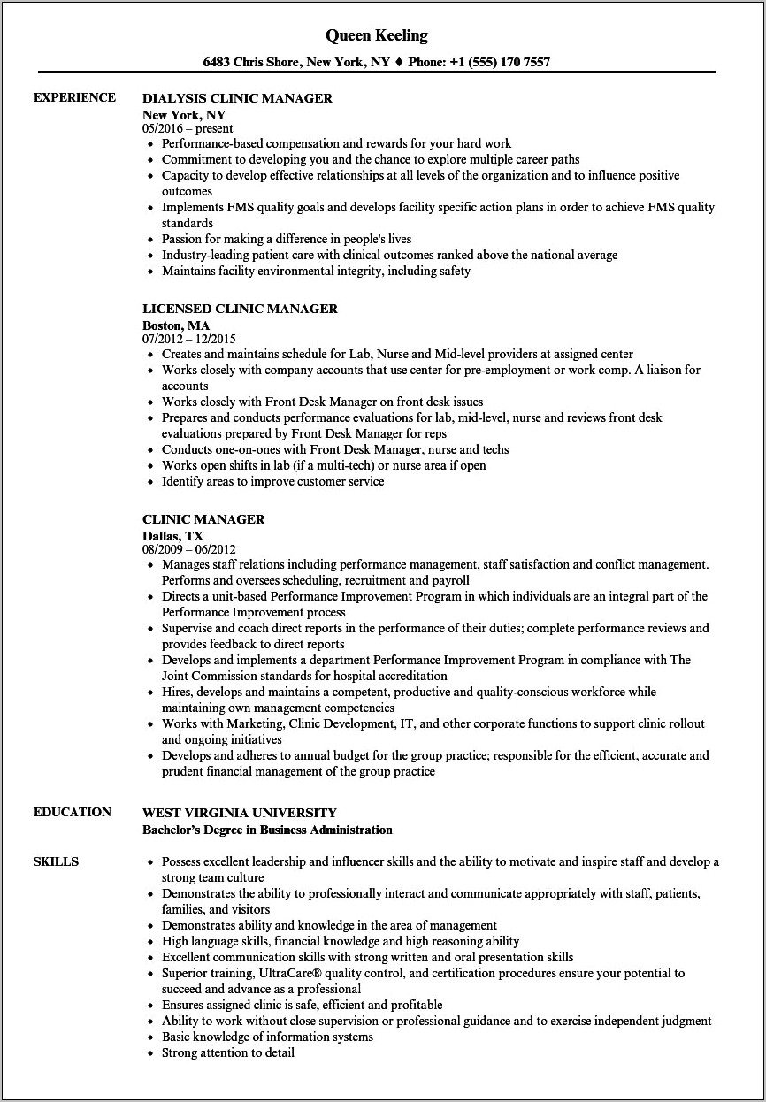 Clinical Operations Manager Resume Sample