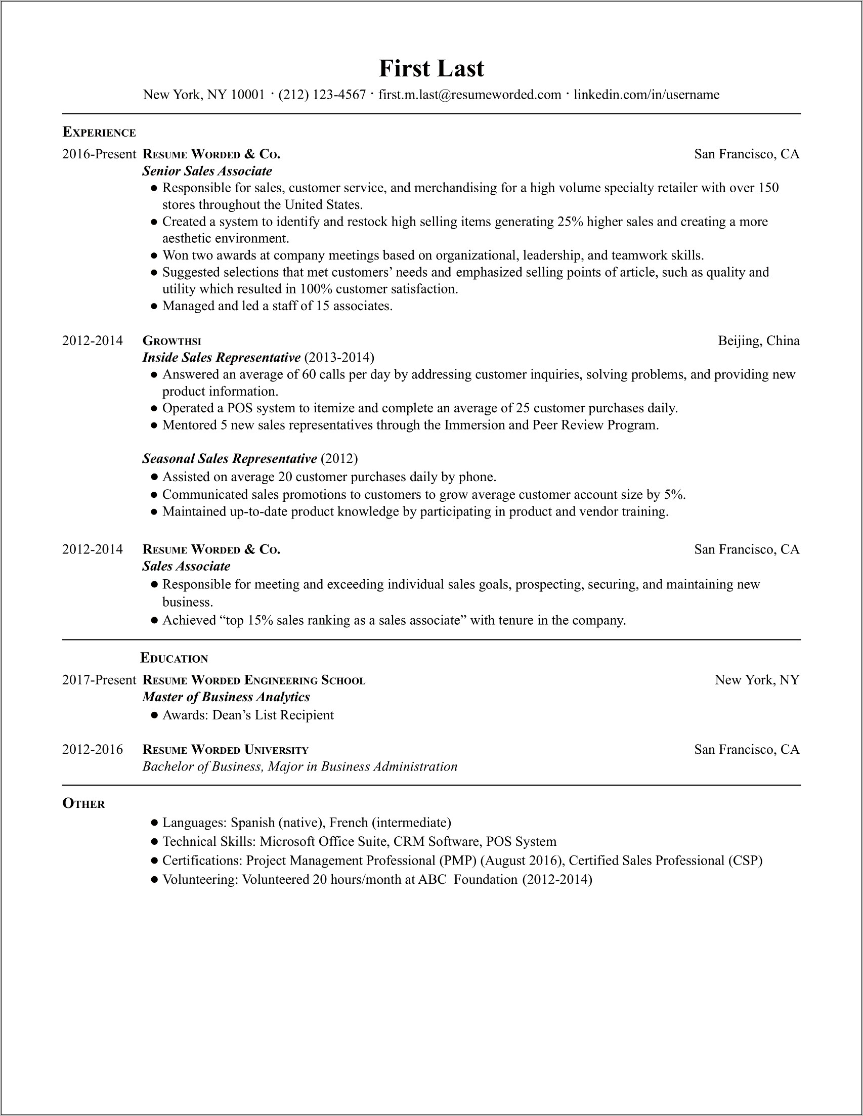 Clothing Sales Associate Resume Example