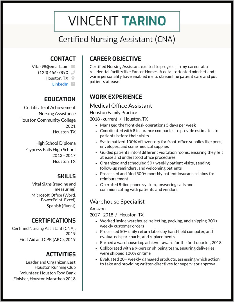 Cna Nursing Objective For Resume