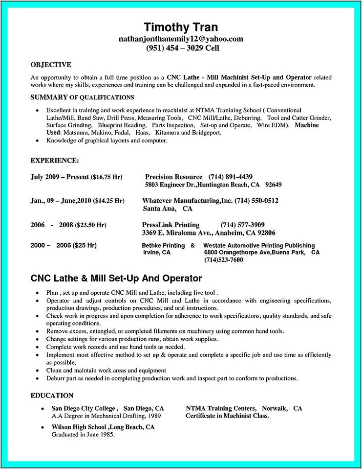 Cnc Machine Operator Resume Objective