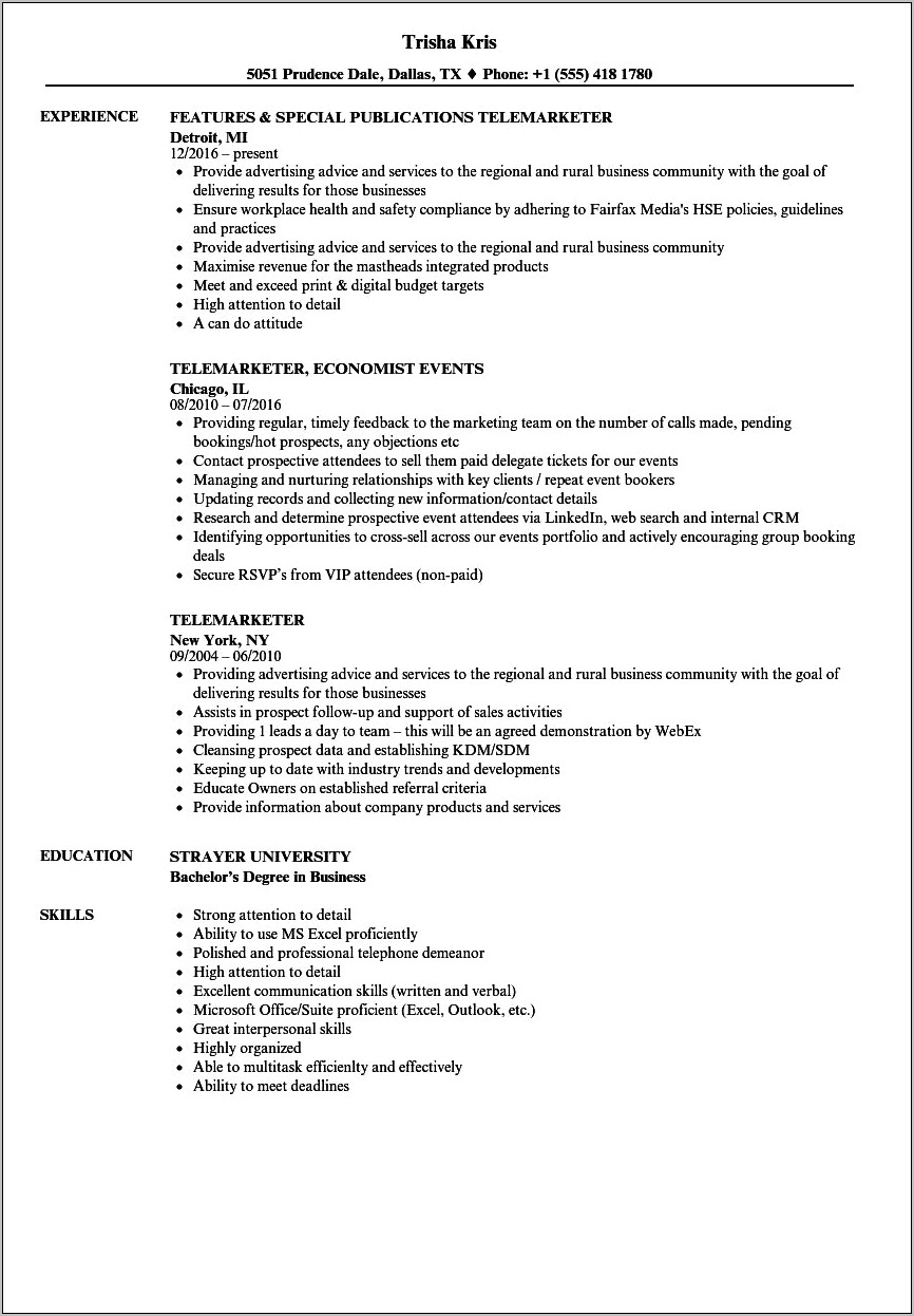 Cold Calling Job Description Resume