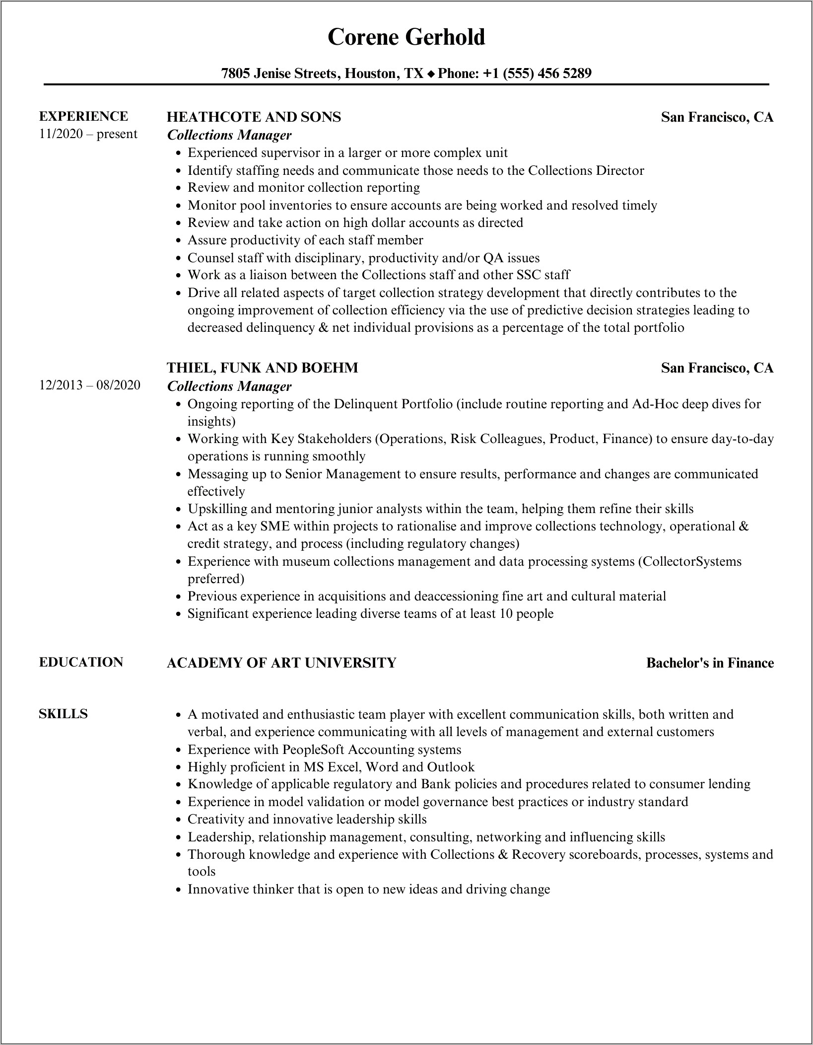 Collection Manager Resume Free Download