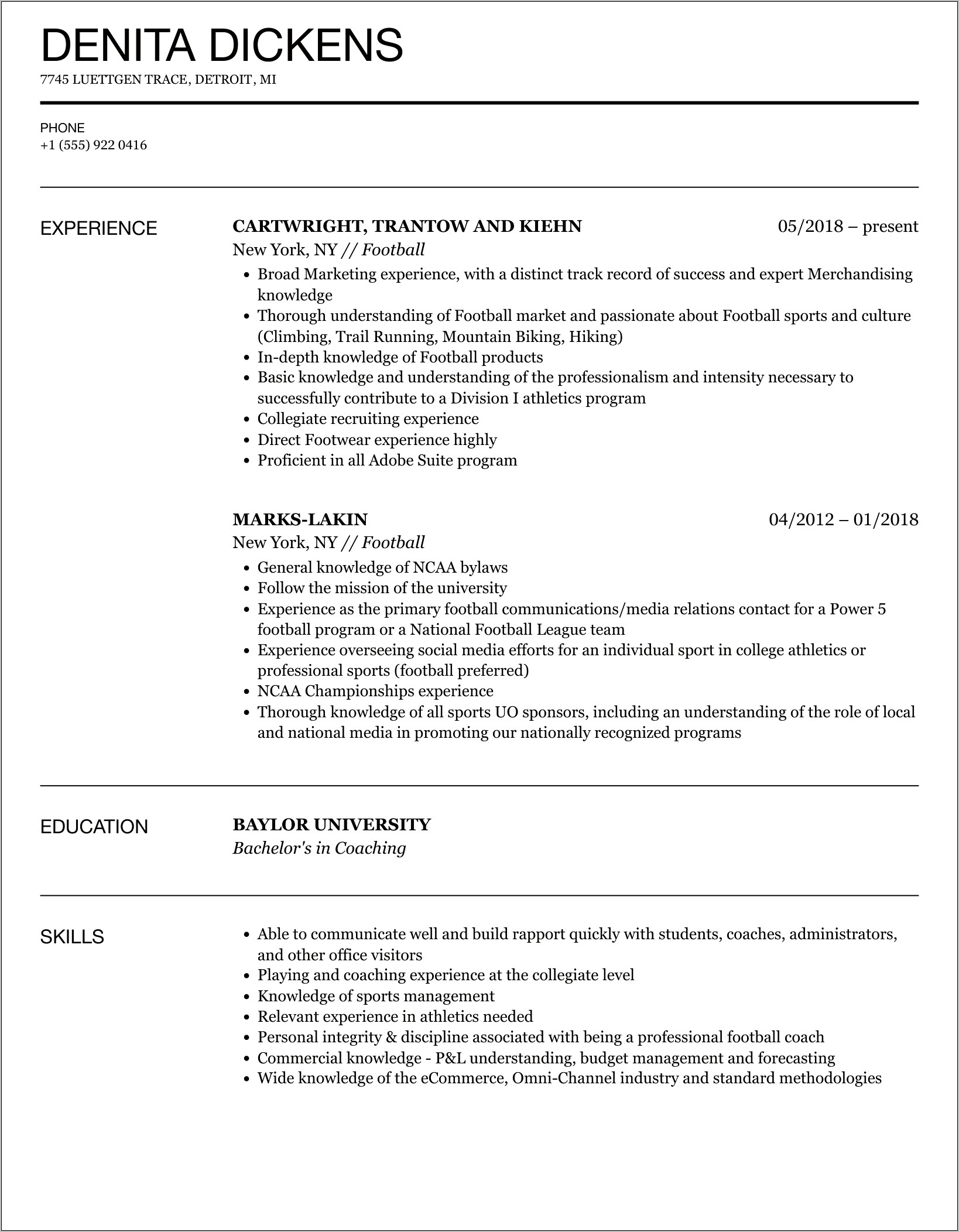 College Football Player Resume Examples