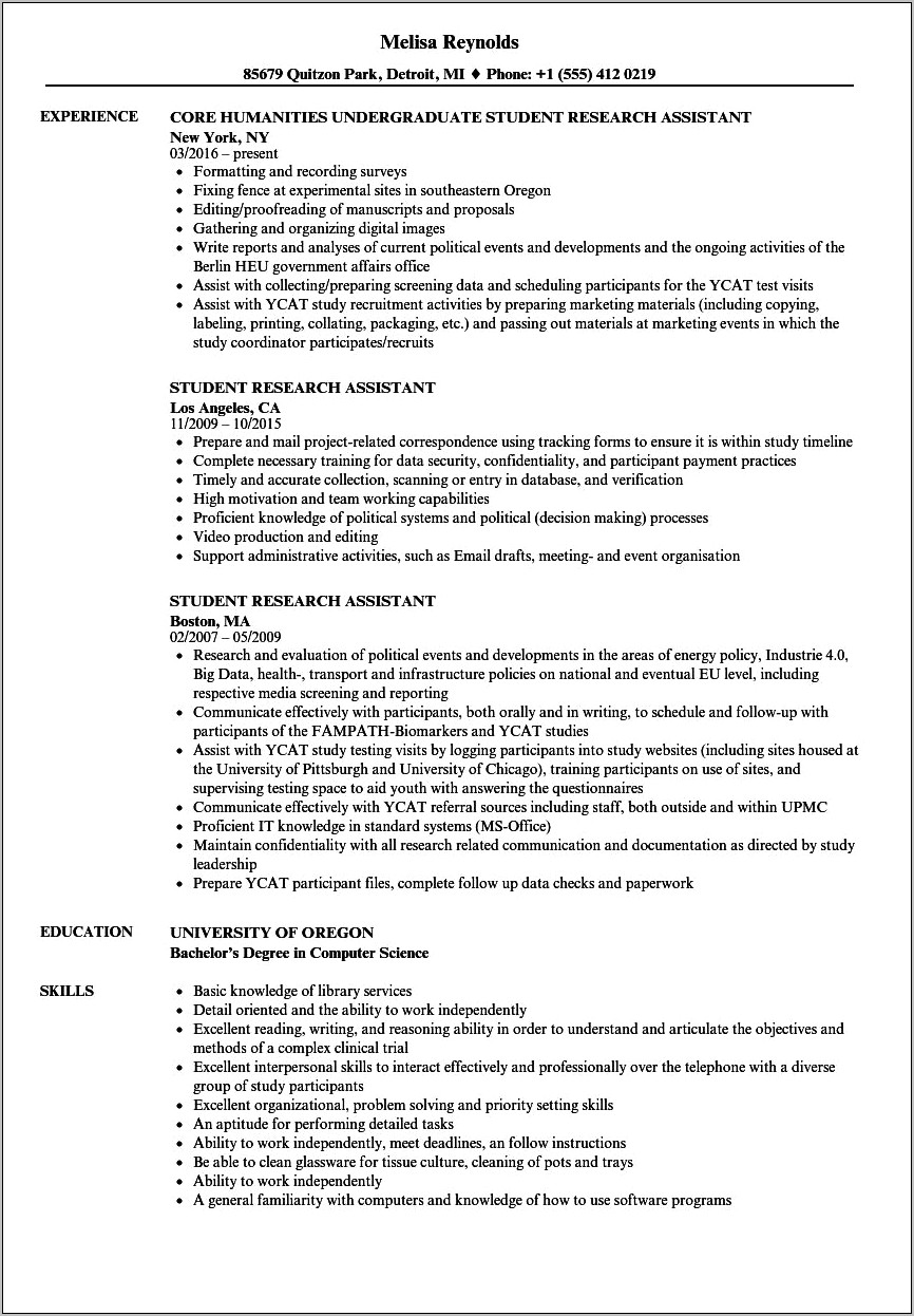 College Resume Examples Research Assistant