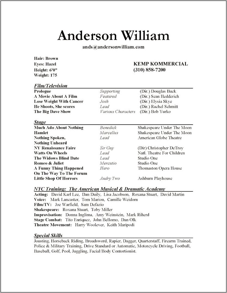 College Student Acting Resume Examples