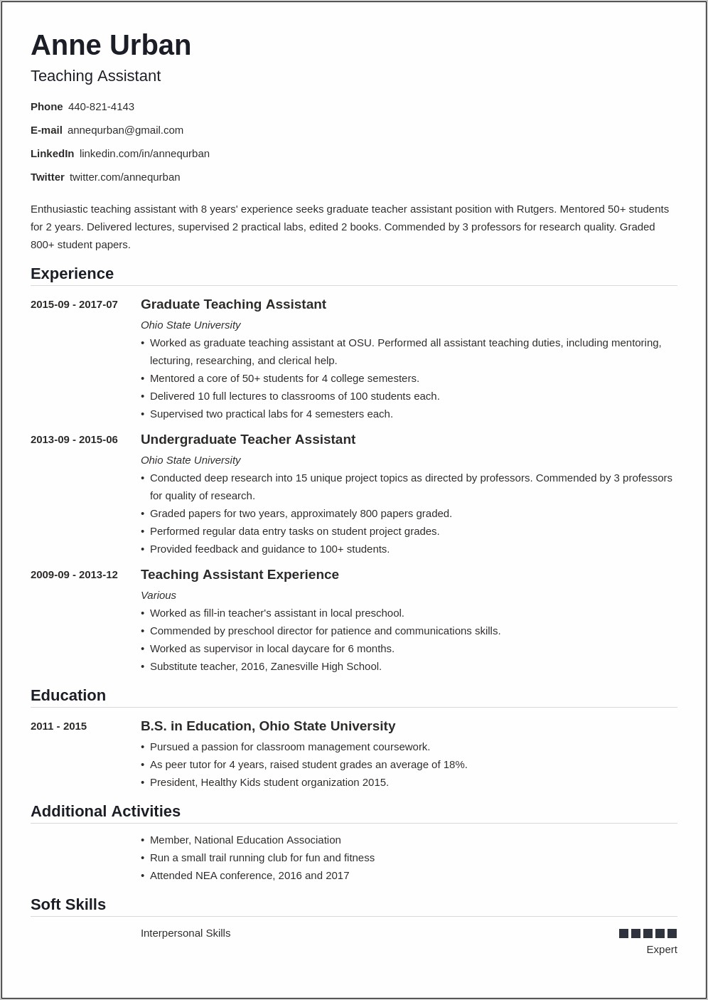 College Teaching Assistant Resume Samples