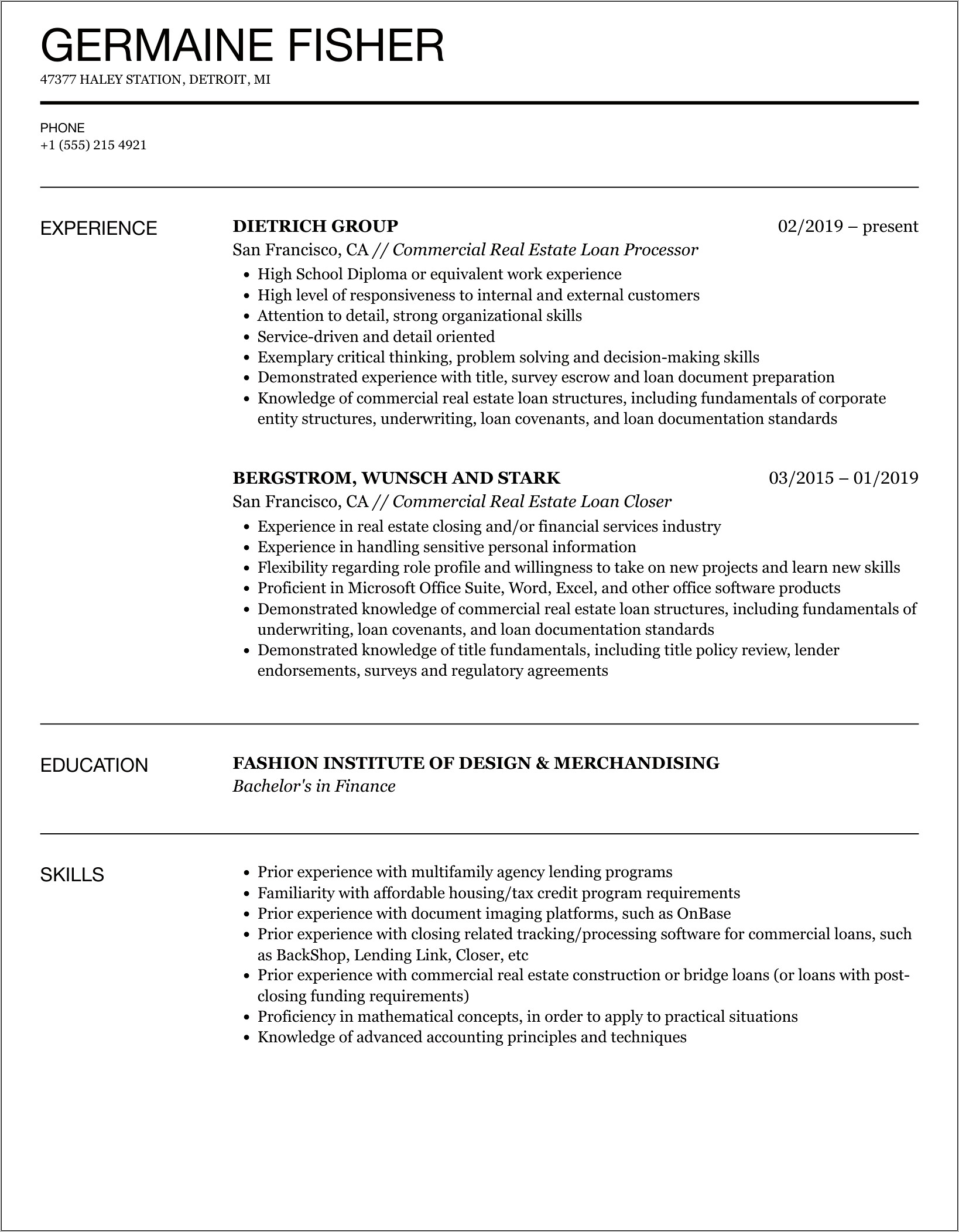 Commercial Mortgage Broker Resume Example