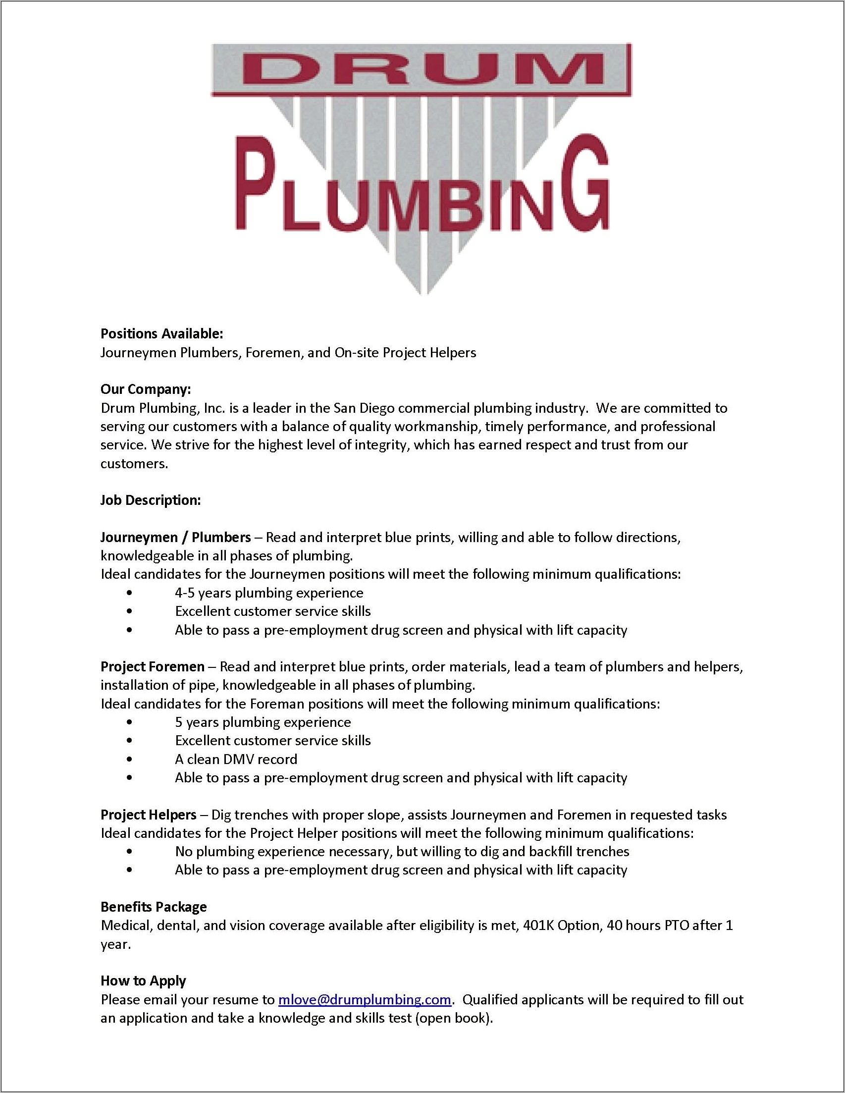 Commercial Plumber Job Description Resume