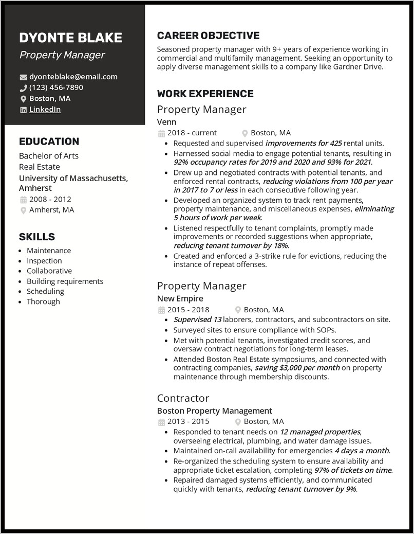 Commercial Property Manager Resume Duties