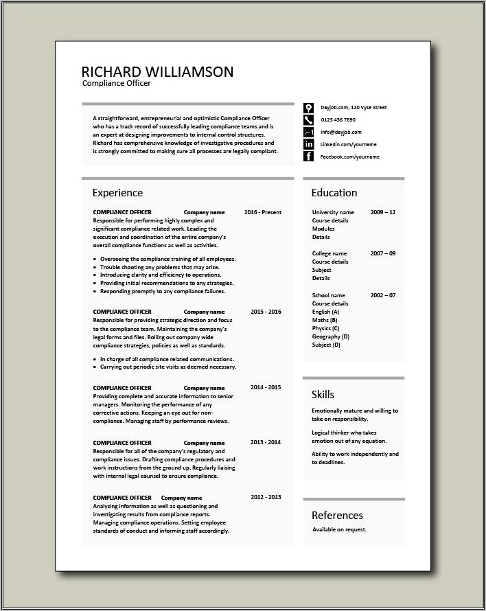 Compliance Analyst Resume Job Description
