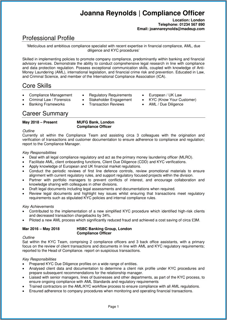 Compliance Officer Job Description Resume