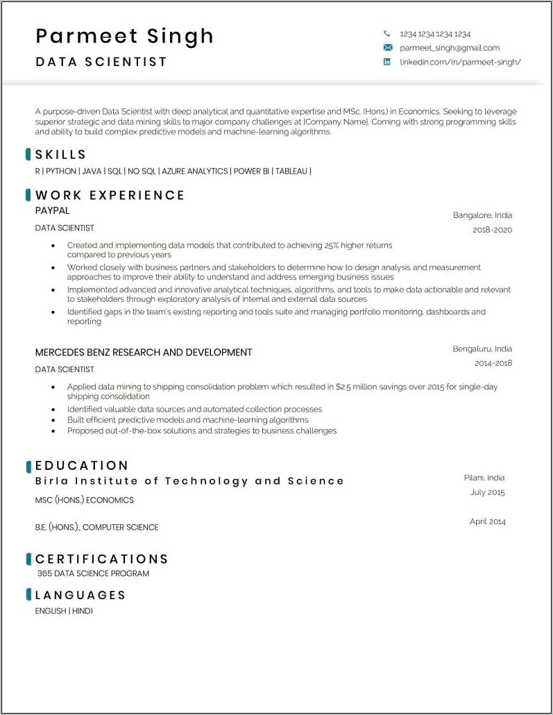 Computer Science Freshers Resume Example