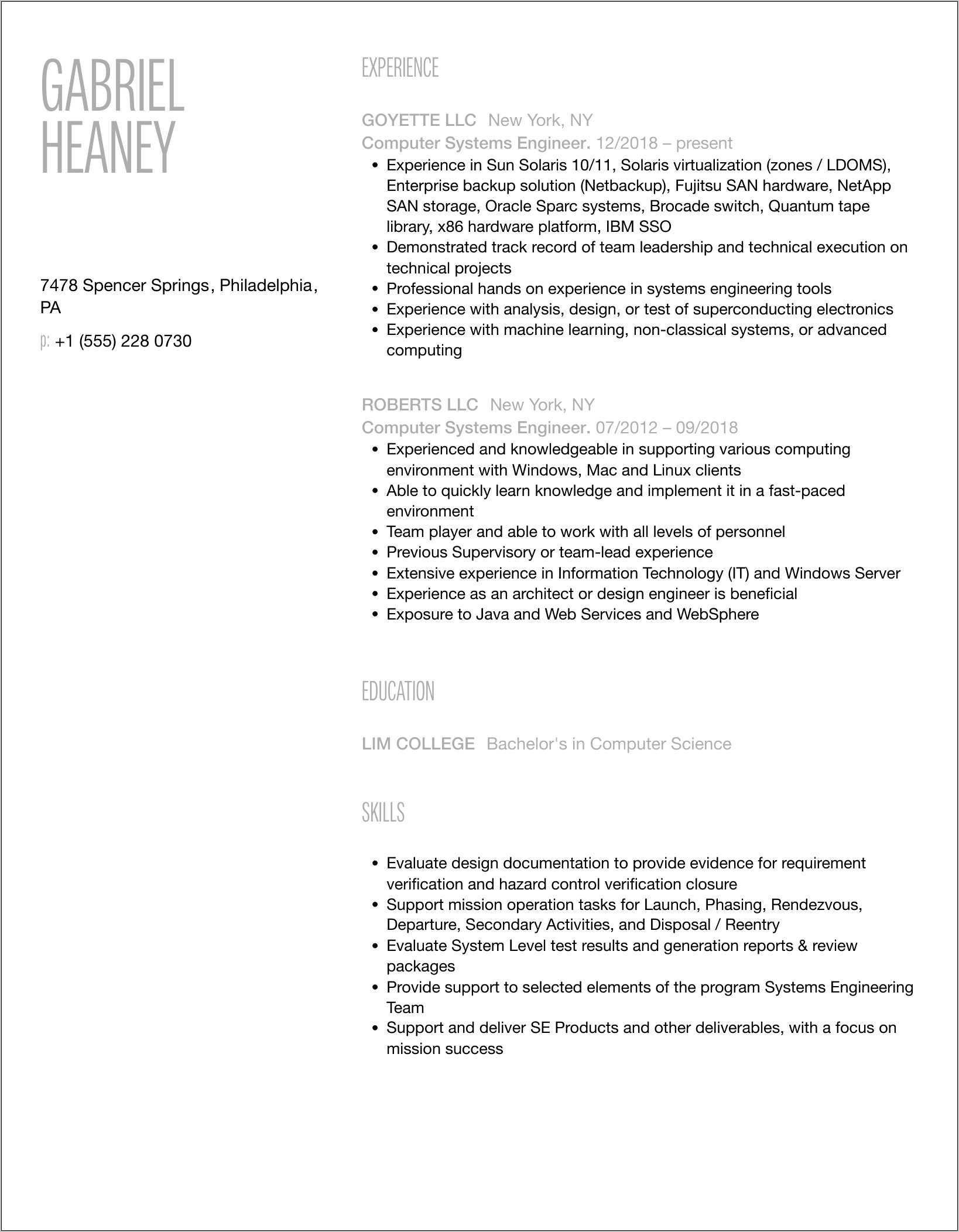 Computer Systems Engineer Resume Sample