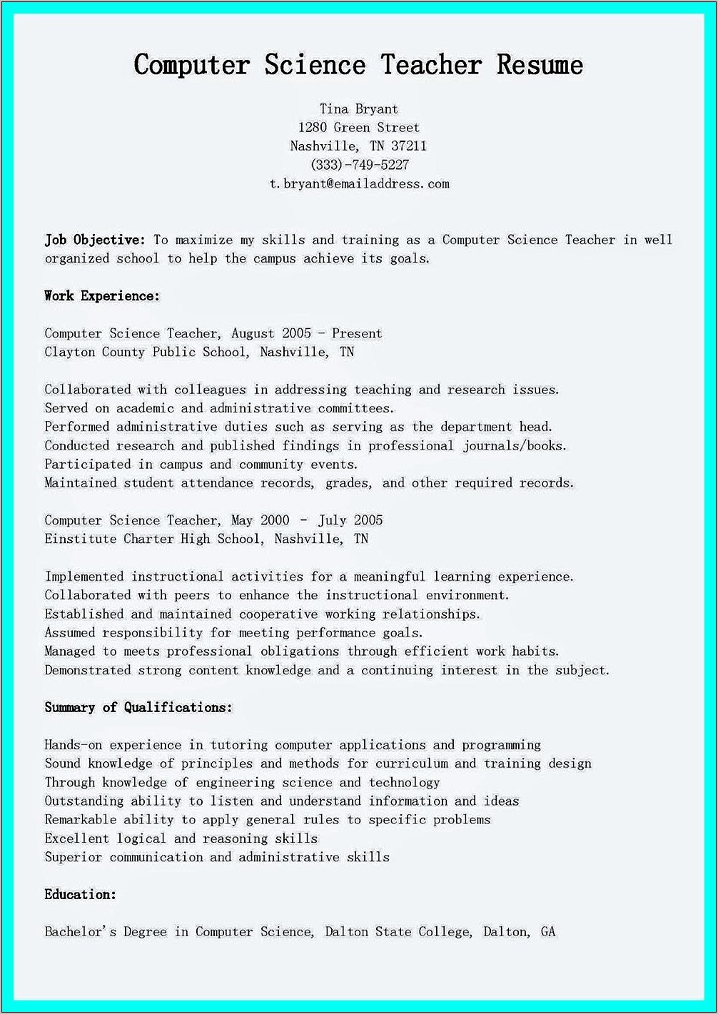 Computer Teacher Job Description Resume