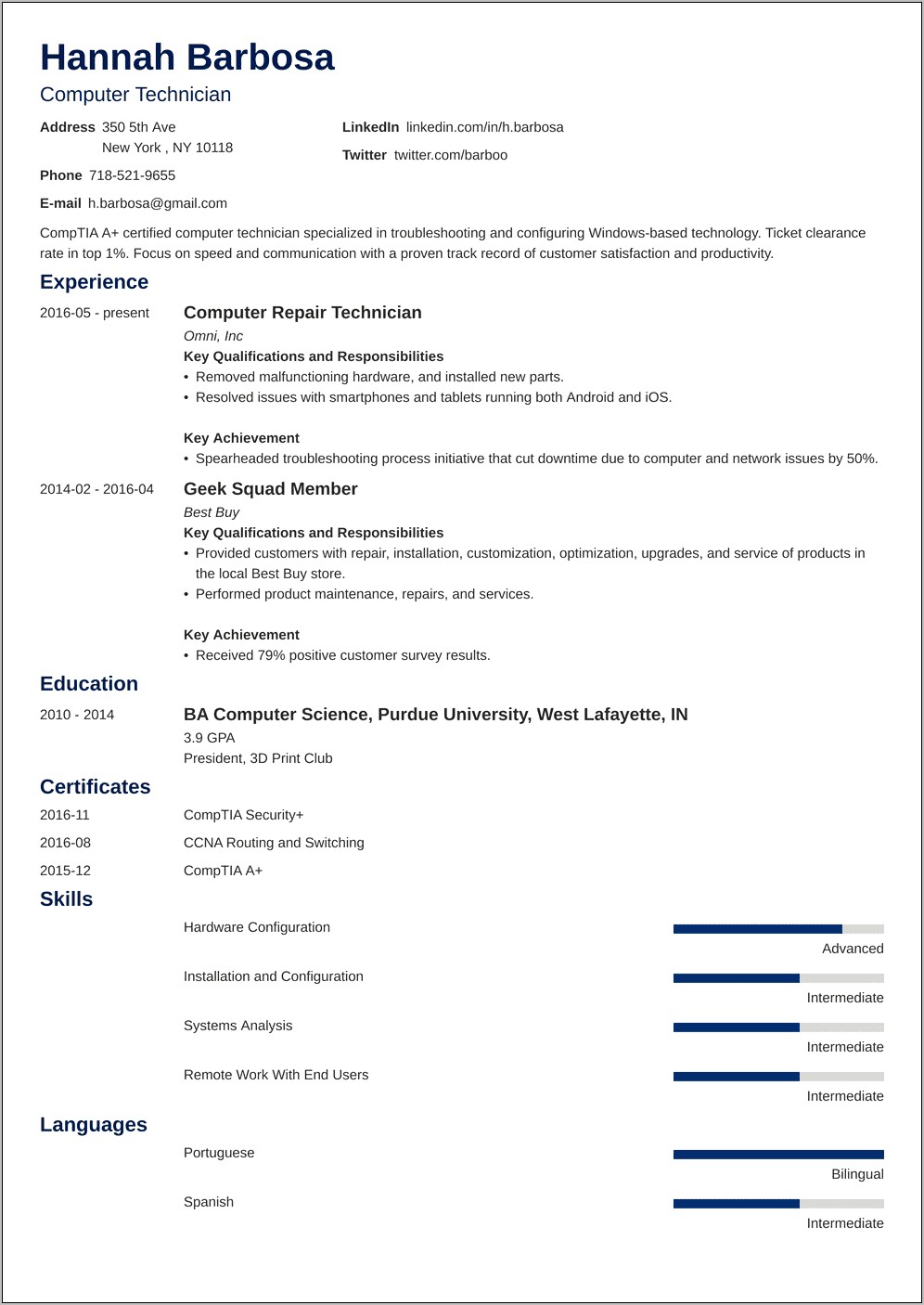 Computer Technician Resume Objective Sample