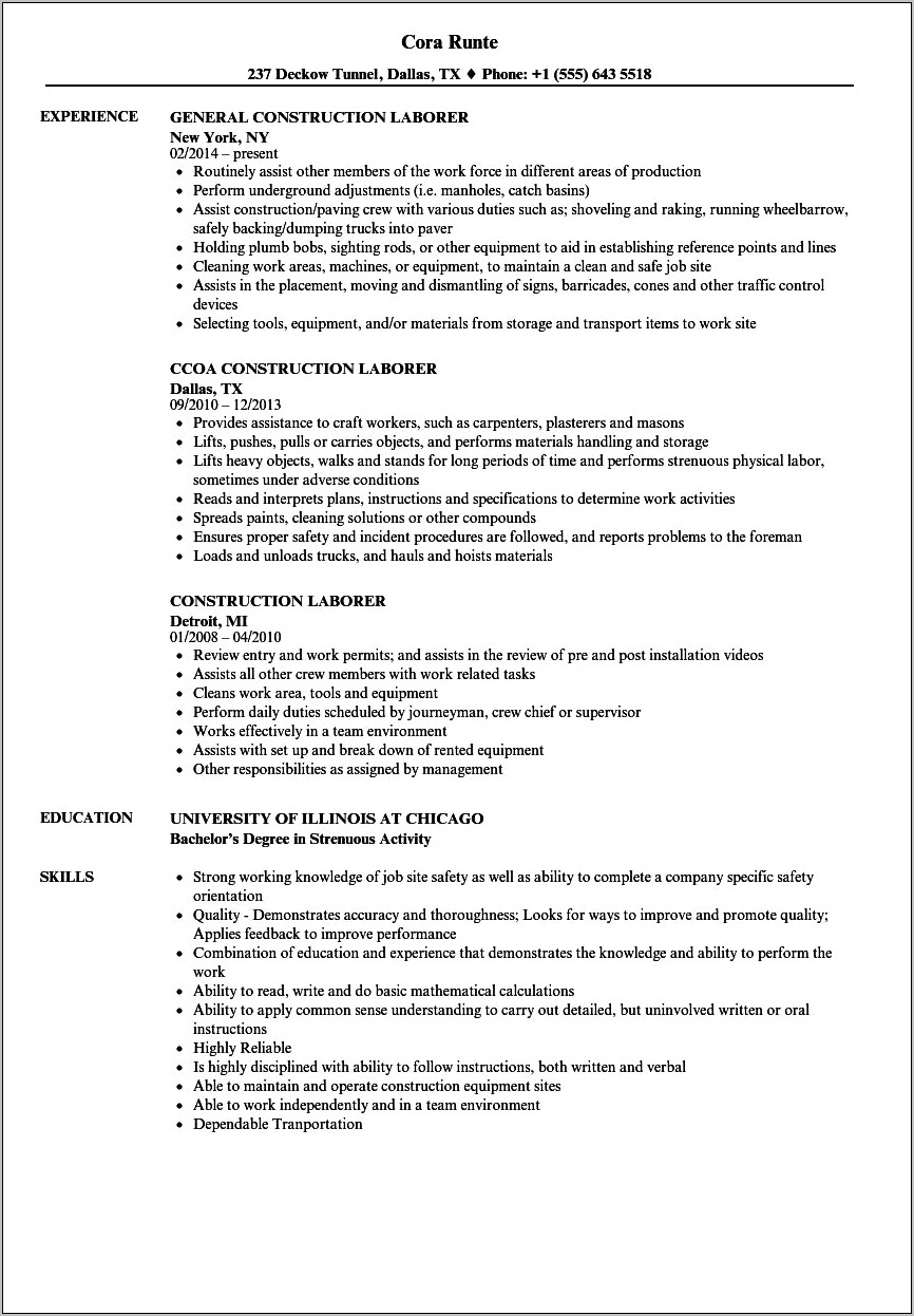 Conatruction Worker Resume Free Word