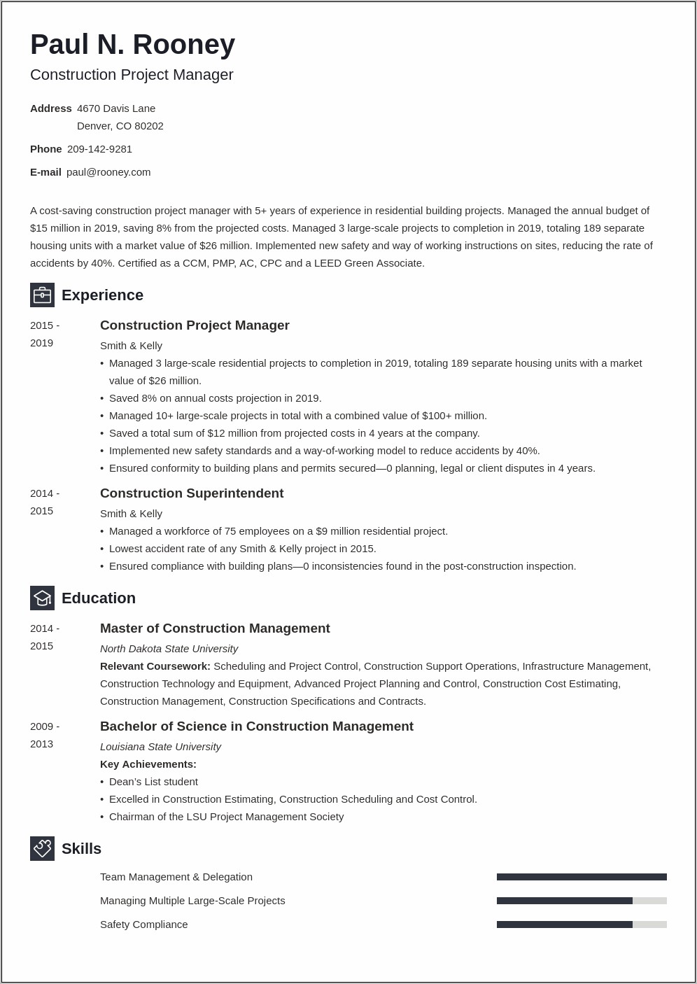 Construction Project Accountant Resume Sample