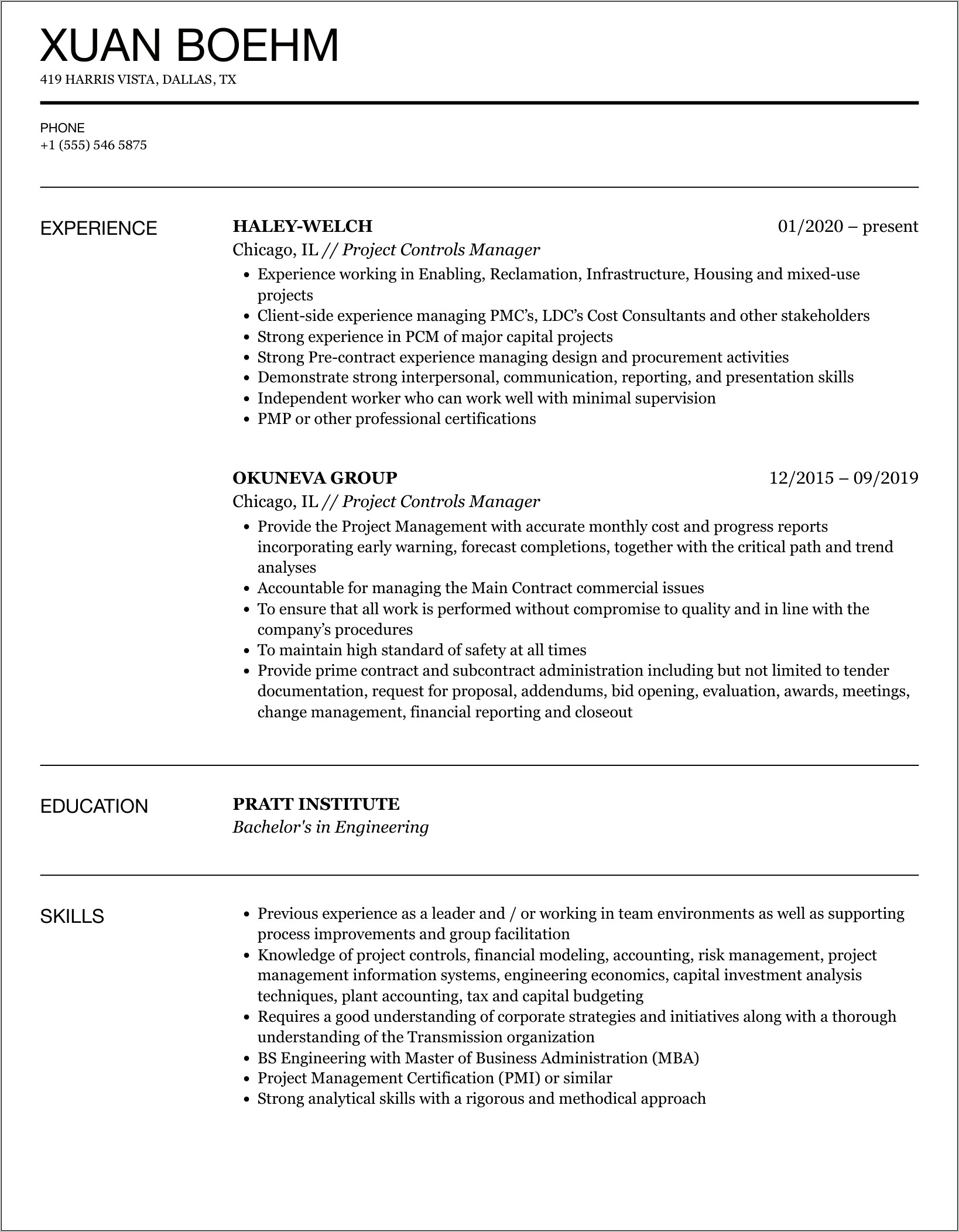Construction Project Controls Manager Resume