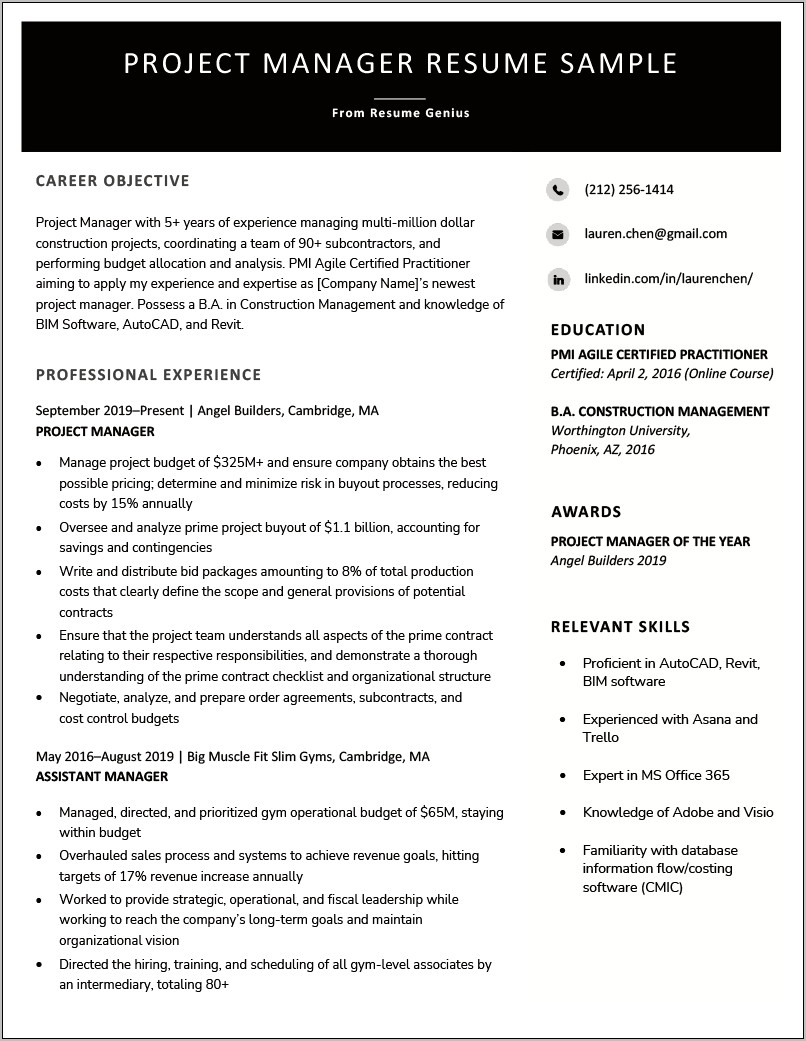 Construction Project Engineer Resume Example