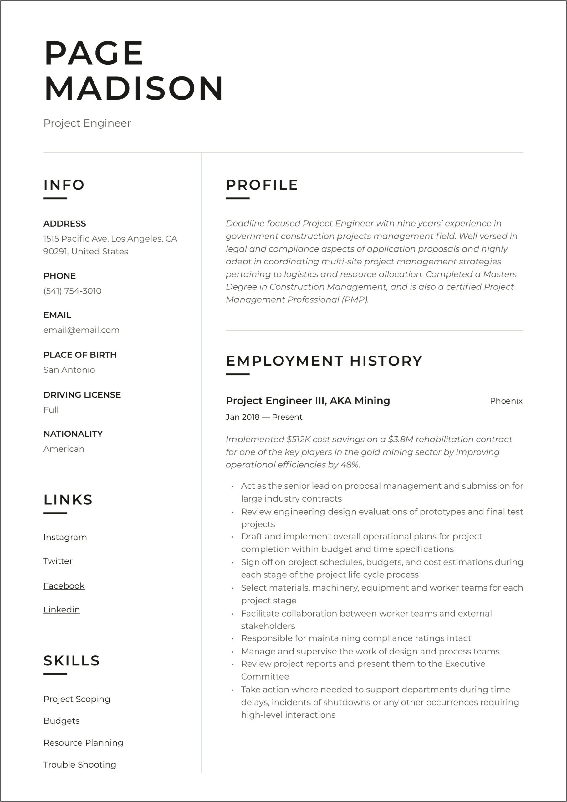 Construction Project Engineer Sample Resume