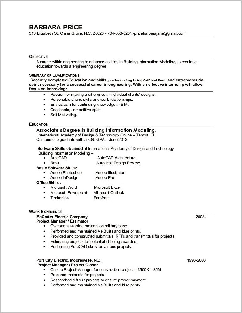 Construction Project Manager Estimator Resume