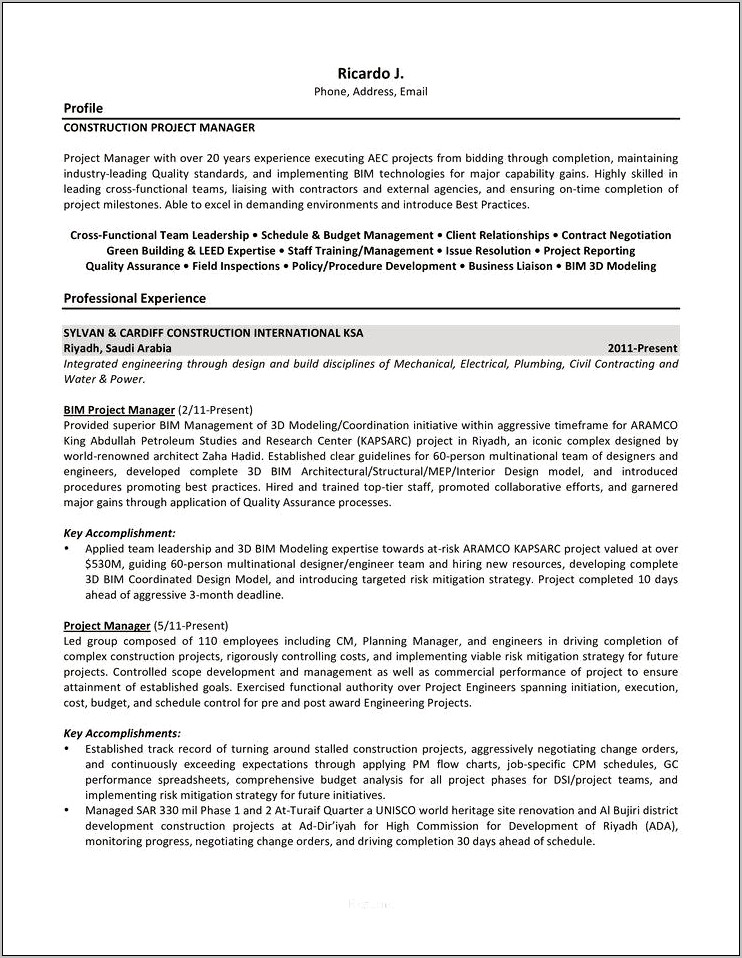 Construction Project Manager Resume Accomplishments