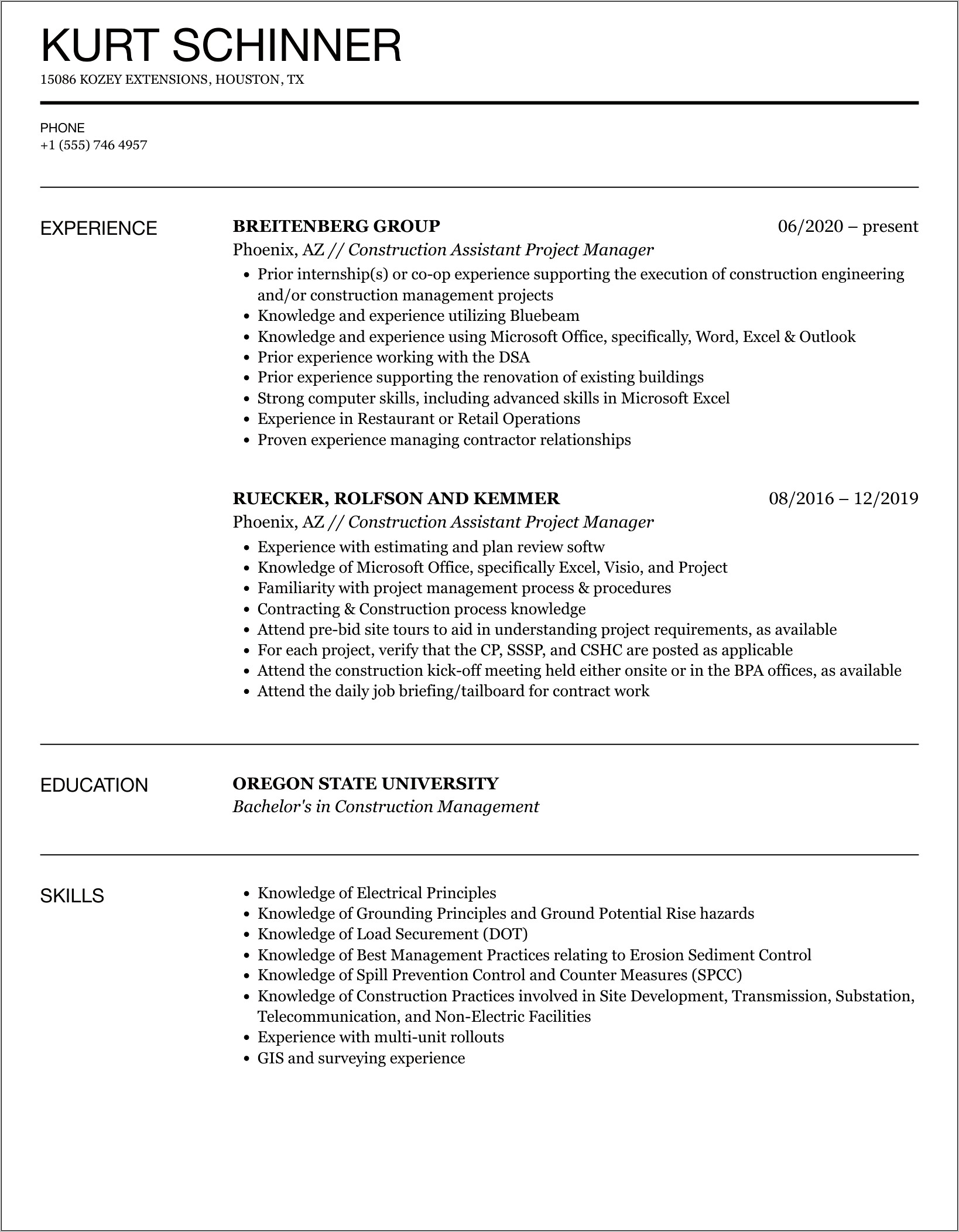Construction Project Manager Resume Objective