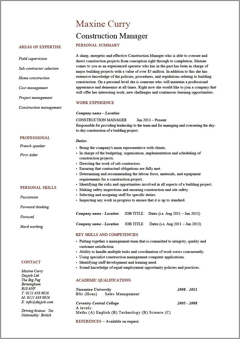 Construction Project Supervisor Resume Samples