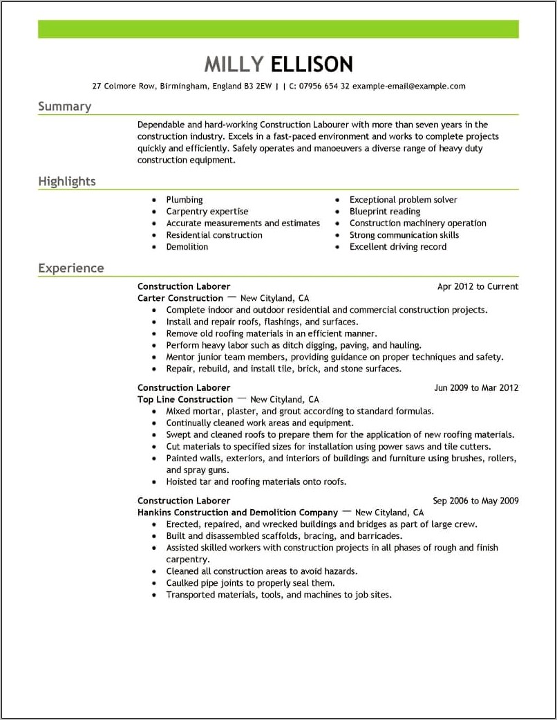 Construction Skills For A Resume