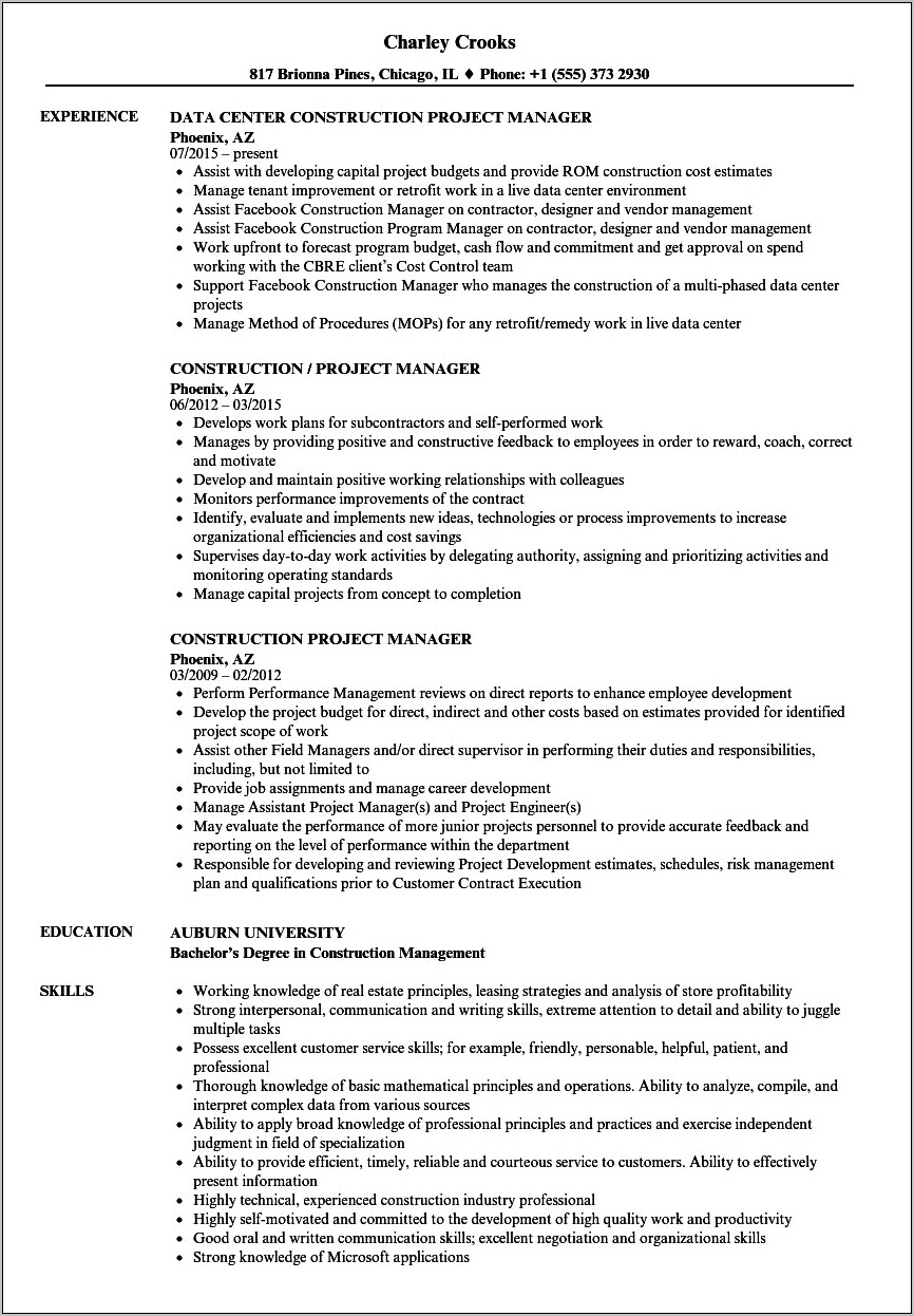 Construction Sr Project Manager Resume