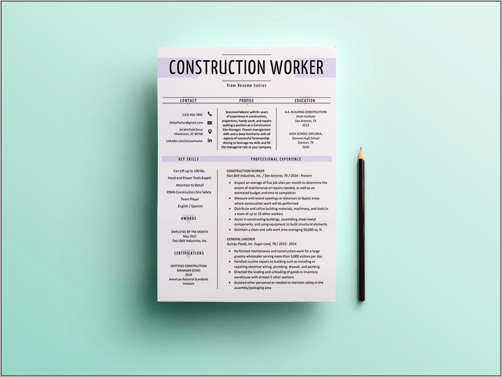 Construction Worker Job Resume Sample