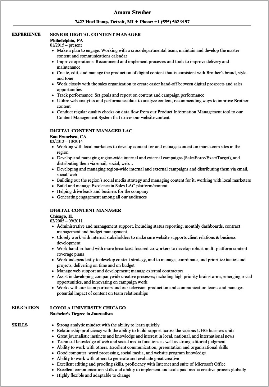 Content Management Job Descriptio Resume