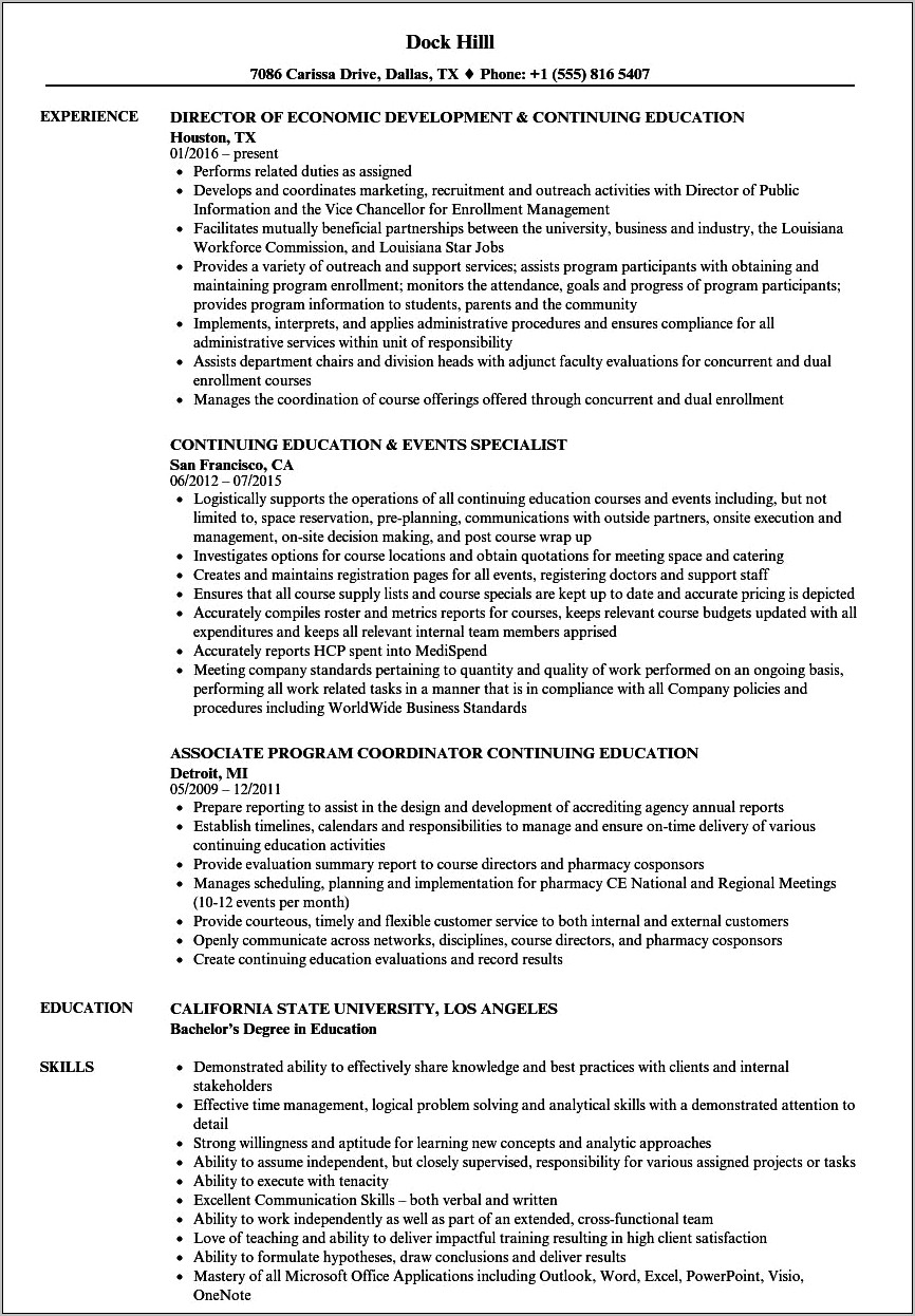 Continuing Education On Resume Example