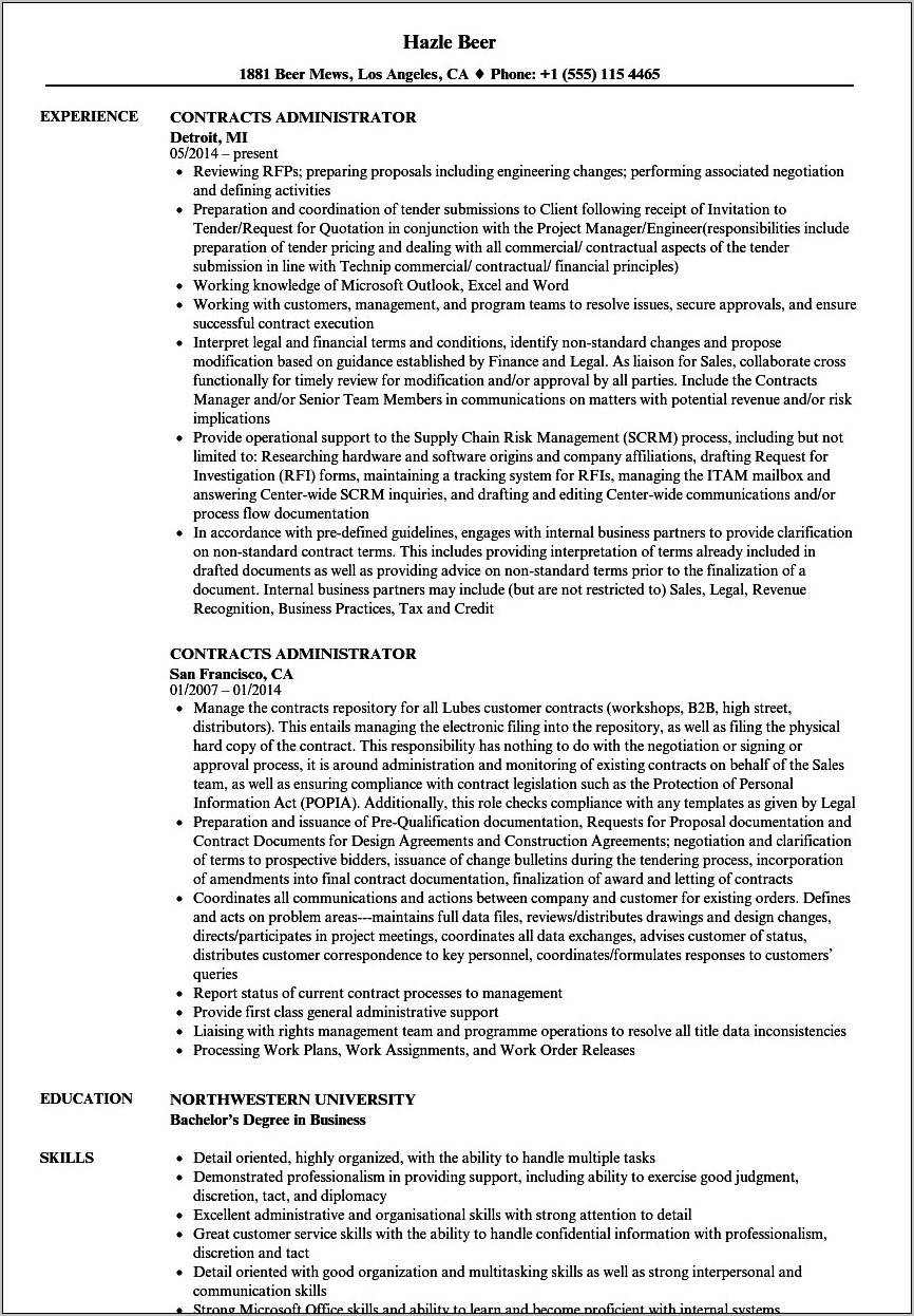 Contract Administrator Resume Objectives Sample