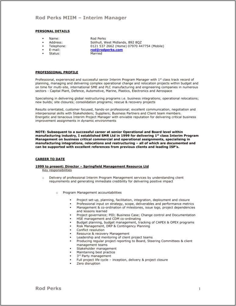 Control Project Manager Commercial Resume